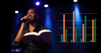 Young pastor preaching plus a superimposed bar chart showing clergy age trends