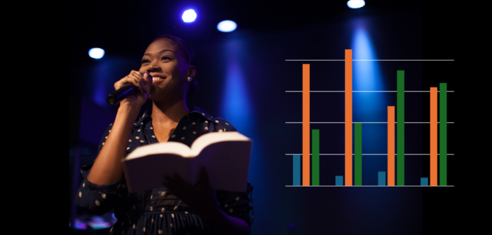 Young pastor preaching plus a superimposed bar chart showing clergy age trends