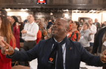 Bishop Ande Emmanuel of Nigeria sings during worship at the United Methodist Leadership Gathering at Knox United Church in Calgary, Canada. Photo by Mike DuBose, UM News.