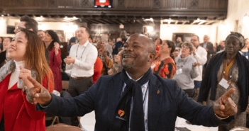 Bishop Ande Emmanuel of Nigeria sings during worship at the United Methodist Leadership Gathering at Knox United Church in Calgary, Canada. Photo by Mike DuBose, UM News.